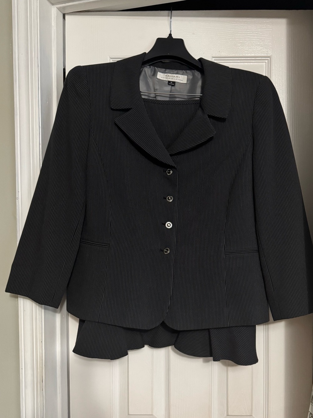 Tahari Black Pinstriped Women's Flutter Skirt Suit